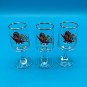 Vintage Mid-Century Gold Rimmed Pheasant Cordial Glasses - Set of 3